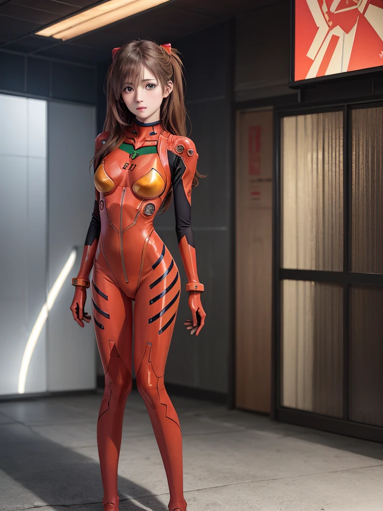 ((Best quality)), ((Masterpiece)), (Details: 1.4), 3D, Asuka Langley Soryu, Asuka, high resolution (high dynamic range), ray tracing, NVIDIA, super resolution, Unreal 5, subsurface scattering ,PBR texturing, post-processing, anisotropic filtering, depth of field, maximum sharpness and sharpness, multi-layered textures, albedo and specular maps, surface shading, accurate simulation of light and matter interaction, perfect proportions ,Octane Rendering,Two-Tone Lighting,Wide Aperture,Low ISO,White Balance,Rule of Thirds,8K RAW,(Masterpiece: 1.4, Best Quality), (Intricate Details), Unity8k Wallpaper, Highly Detailed, Beautiful and Mysterious, Details background, realistic, alone, perfectly detailed face, detailed blue eyes, highly detailed, blush, hair ornament, chignon mahogany hair, (blonde), plug suit 02, Shikinami Asuka Langley, Evangelion, Slender 15-year-old girl, full body suit, black background, above the waist,composition that shows the whole body,