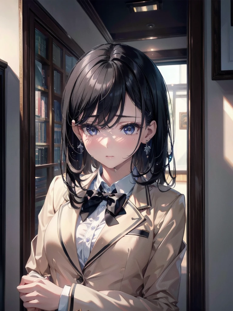 absurdres, RAW photo, extremely delicate and beautiful, masterpiece, Best Quality, ultra high resolution, 32k, hyperrealistic, ultra-detailed, delicate facial features, beautiful detailed woman, tearful mole, earring, medium breasts, full body shot, medium hair, black hair, school_uniform, blazer,