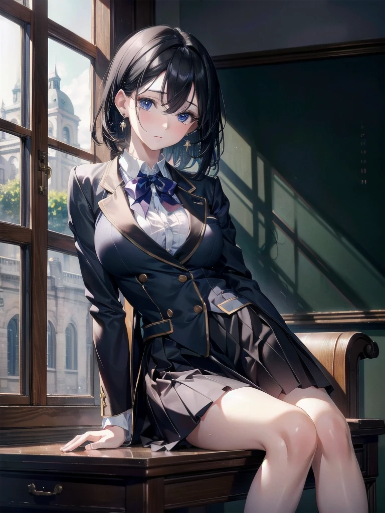 absurdres, RAW photo, extremely delicate and beautiful, masterpiece, Best Quality, ultra high resolution, 32k, hyperrealistic, ultra-detailed, delicate facial features, beautiful detailed woman, tearful mole, earring, medium breasts, full body shot, medium hair, black hair, school_uniform, blazer,