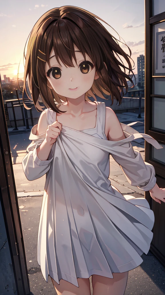 yuihirasawa, Yui Hirasawa, short hair, Brown Hair, hair ornaments, (Brown eyes:1.5),blush,smile,White oversized one-shoulder sweater,Black pleated skirt,White Pantyhose,short boots,Hair Clip,((Panties in full view))、smile、Overlooking the city from the top of the hill、Beautiful sunset、the wind is strong、Cowboy Shot,
break otdoors, 丘
break looking at viewer, whole body、
break (masterpiece:1.2), Highest quality, High resolution, unity 8k wallpaper, (shape:0.8), (Beautiful and beautiful eyes:1.6), Highly detailed face, Perfect lighting, Extremely detailed CG, (Perfect hands, Perfect Anatomy),