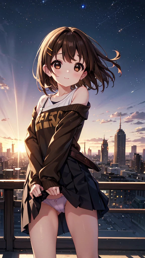 yuihirasawa, Yui Hirasawa, short hair, Brown Hair, hair ornaments, (Brown eyes:1.5),blush,smile,White oversized one-shoulder sweater,Black pleated skirt,White Pantyhose,short boots,Hair Clip,((Panties in full view))、smile、Overlooking the city from the top of the hill、Beautiful sunset、the wind is strong、Cowboy Shot,
break otdoors, 丘
break looking at viewer, whole body、
break (masterpiece:1.2), Highest quality, High resolution, unity 8k wallpaper, (shape:0.8), (Beautiful and beautiful eyes:1.6), Highly detailed face, Perfect lighting, Extremely detailed CG, (Perfect hands, Perfect Anatomy),