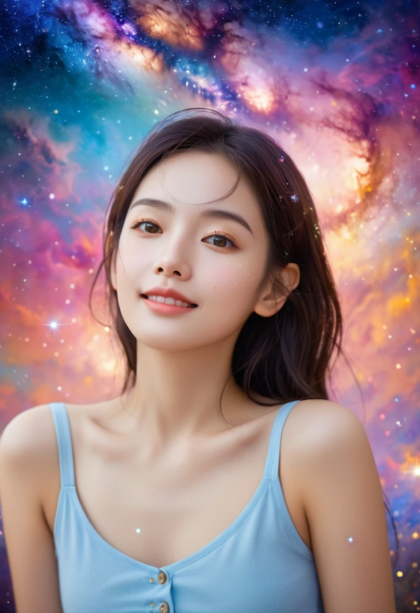 High Detail, Super Detail, Ultra-high resolution, Girl enjoying time in fantasy galaxy, Surrounded by stars, The warm light shines on her, Background is starry sky,There are colorful galaxies and galaxy clouds, Stars flew around her, Delicate face, Add joy to the atmosphere ,
