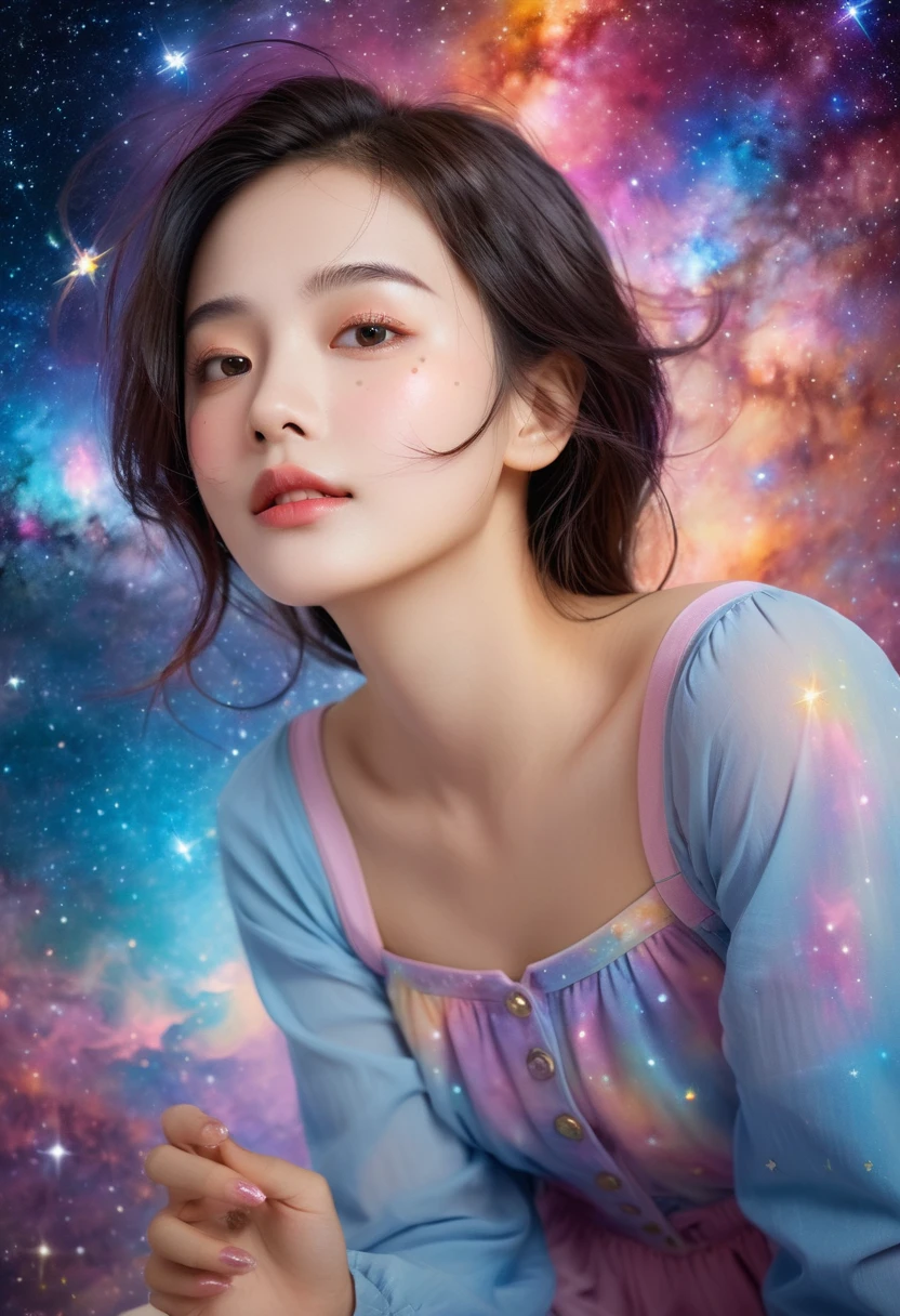 High Detail, Super Detail, Ultra-high resolution, Girl enjoying time in fantasy galaxy, Surrounded by stars, The warm light shines on her, Background is starry sky,There are colorful galaxies and galaxy clouds, Stars flew around her, Delicate face, Add joy to the atmosphere ,