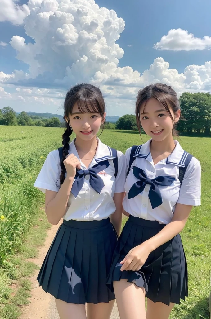 2 girls walking in rural field,cumulonimbus cloud in summer sky,sailor shirt,navy blue pleated skirt,18-year-old,bangs,a little smile,thighs,knees,short hair with low pigtails bunches,from below,front light