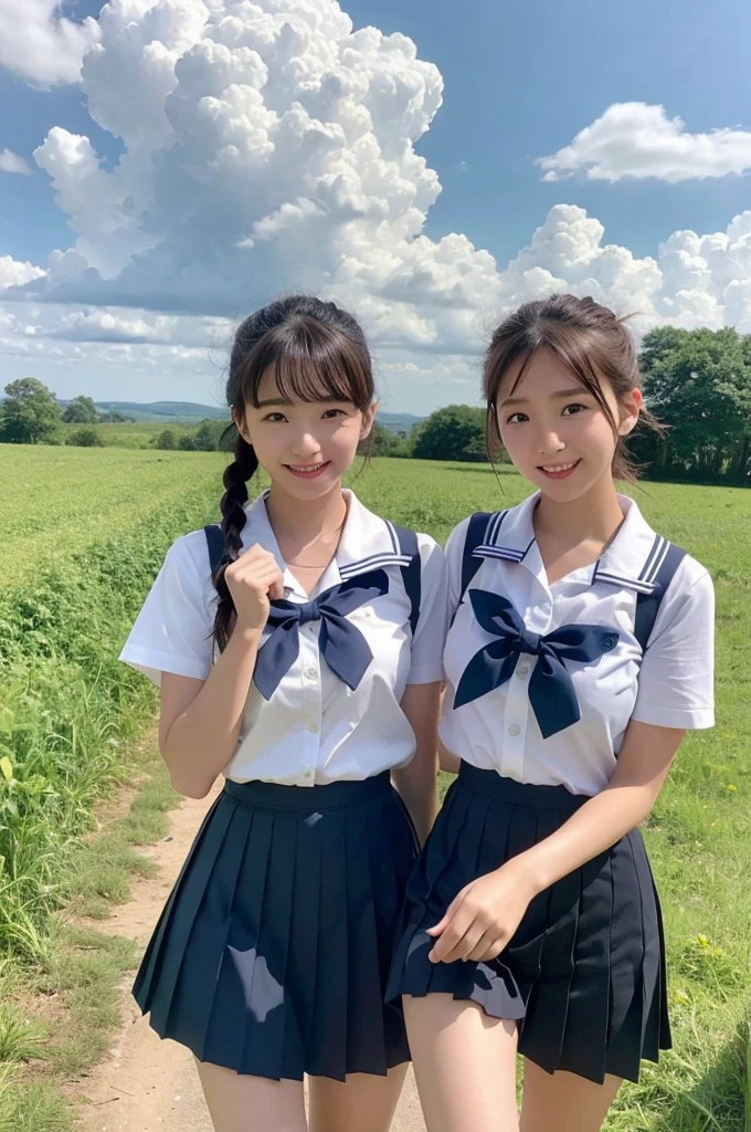 2 girls walking in rural field,cumulonimbus cloud in summer sky,sailor shirt,navy blue pleated skirt,18-year-old,bangs,a little smile,thighs,knees,short hair with low pigtails bunches,from below,front light