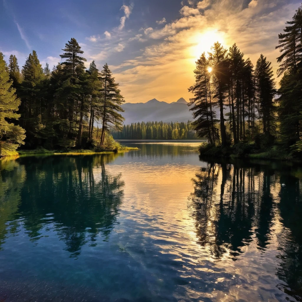 A Baroque style moonlit lake with dramatic contrasts of light and shadow, rich colors, and ornate details