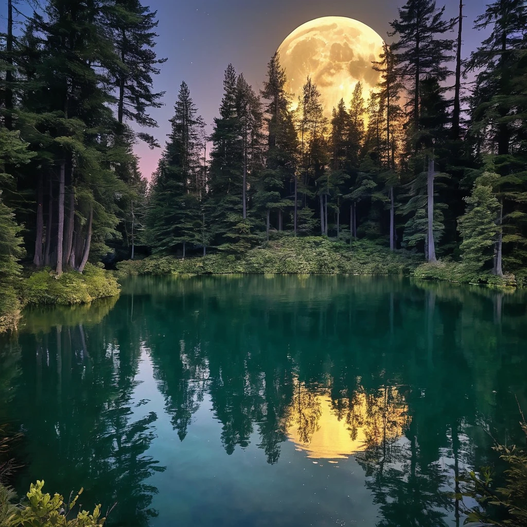 A Baroque style moonlit lake with dramatic contrasts of light and shadow, rich colors, and ornate details