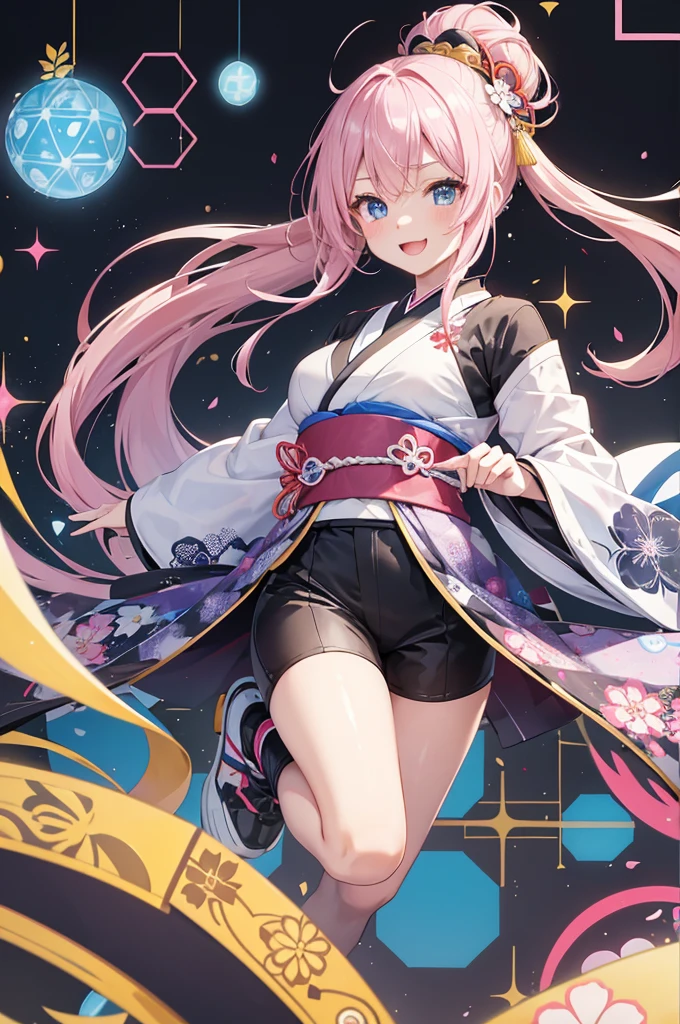 dynamic dancing moves with full of energy and movement, jumping high, full body portrait, happy expression, Japanese festival, with lively action poses, Positive Space, asymmetry, dynamic angle, A detailed illustration of an anime girl with blue eyes wearing a black kimono with Japanese patterns, wearing white cloak white shorts, black tube-top, She has white long hair tied back by a flower hair ornament, with colorful deep blue, black, pink, gold and white colors, surrounded by hexagons with various patterns and textures, Japanese Ancient bridge, happy expression, A black and white checkered pattern background surrounded by hexagons with various patterns in background, floral designs, and geometric shapes, In the background there are some sakura trees., cartoon character design, this is a full body portrait in vibrant colors, colorful illustrations, highly detailed, high resolution, in the style of digital painting, natural lighting,