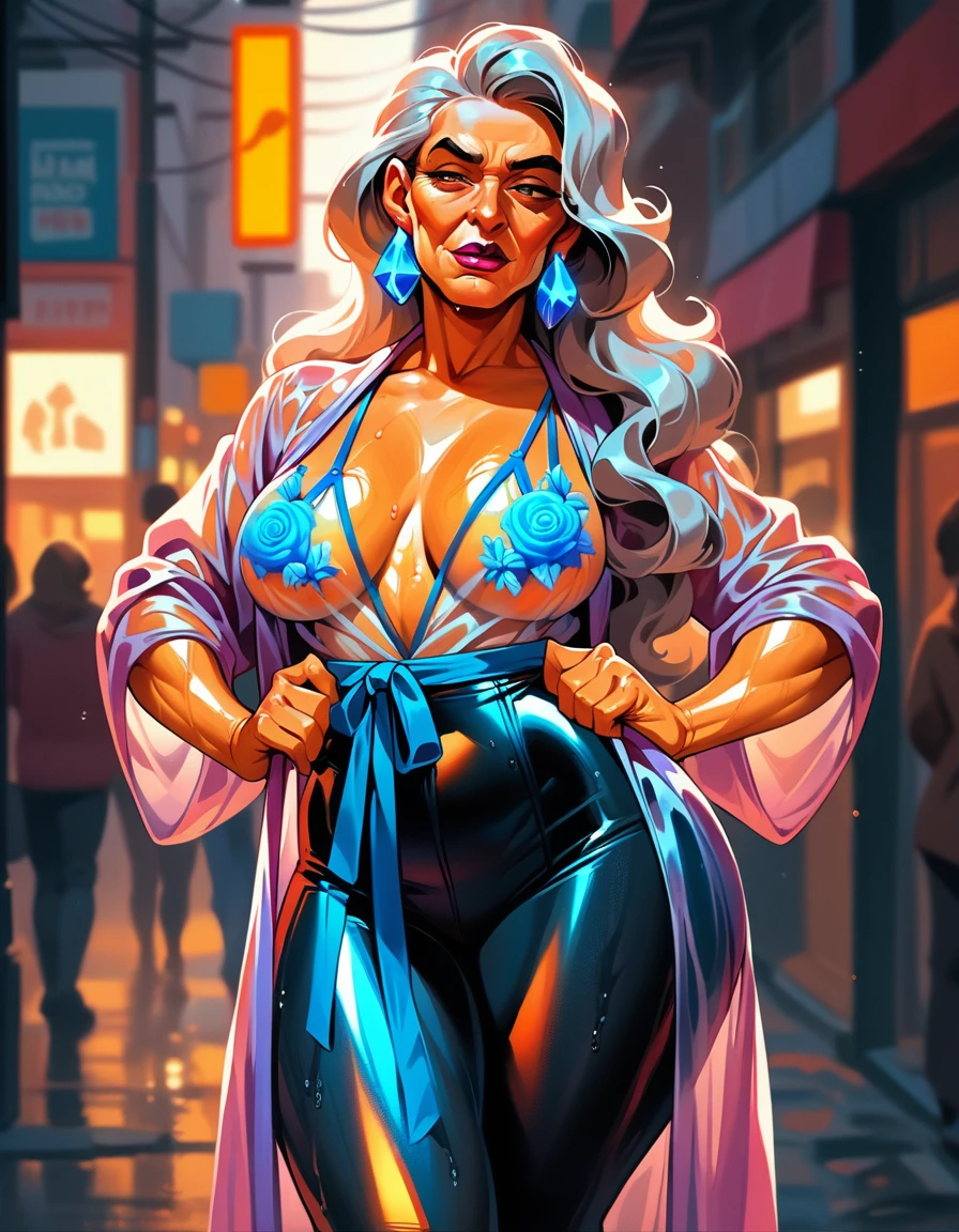 Older female, gilf, mature, 6 arms, translucent bathrobe, wet skin, oiled skin, long hair, iridescent body, colored body, iridescent skin, colored skin, thick lips, neon lipstick, glowing lingerie, mesh pants, tight pants, crystal earrings, hooved legs