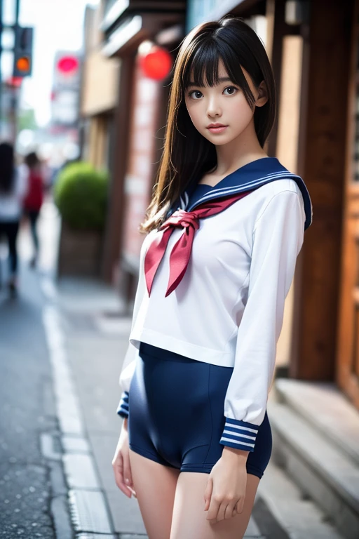 (masterpiece:1.3), (8K, Photorealistic, Raw photo, Best image quality: 1.4), Japanese, (One adult girl), cute,cute、 (A vivid face), Beautiful hairstyle, Realistic eyes, Beautiful details in the eyes, (Realistic Skin), Beautiful skins, attractive, 超High resolution, 超Realistic, Attention to detail, Golden Ratio, (Detail Makeup:1.2), Seeing the viewer,Tabletop, Highest quality, Super detailed, In detail, High resolution, Composition of the whole body、Open leg pose、Boldly open your legs、美しいAttention to detail目, Fitness Wear, Natural color lip,Photorealistic、Realistic、alone、Photorealistic、Highest quality、Highly detailed face、Highly detailed eyes and face、Beautiful and fine details、Absurd、Unbelievably absurd、My hair is messy、Floating Hair、Brown Hair、Wavy Hairstyle、Mid-length hair、(Highly detailed CG、8K Picture Wallpaper)、(Very delicate and beautiful)、(masterpiece)、(Highest quality:1.0)、(超High resolution:1.0)、Beautiful lighting、Perfect Lightning、Realistic Shadows、[High resolution]、Detailed skin、Super detailedな、Detailed face and eyes、Realistic eyes、Sharp pupils、Beautiful Face、plein air、Downtown Japan、Amidst the hustle and bustle、Blurred Background、Glowing Skin、Blunt bangs、Red Eye、(Sailor suit 1.2)、Sailor suits have long sleeves、Ultra HD Photos, 8K quality, Outdoor, Systemic composition, looking at the camera, Japan Perfect Beauty, Texture that shows pores, Perfect Face, Clear skin, Clear skin, Beautiful and toned body, Muscular, thin, Small breasts, Tight ass and small breasts、Small Ass、 Bloomers (Bloomers  Japan School, Seamless Design, 単色のBloomers, Bloomers are dark blue, Perfect fit、Bloomers are elastic fabrics、Bloomersの長さはへそから３ｃｍThe following degrees:, )Legs wide open、、Expressionless、(Turn your face to the side、)