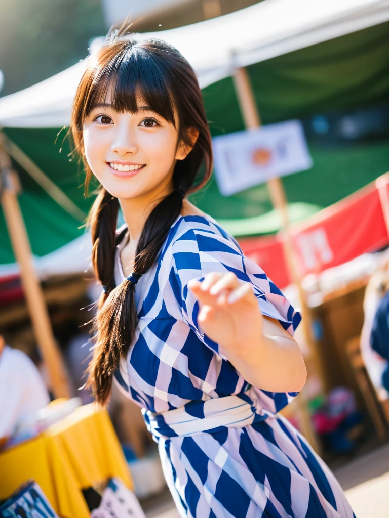Image quality:best quality
Camera Focus: blur background
light:Side light
composition:Hinomaru composition、Facing forward、Looking at the camera person:20 years old woman,Japanese,actress
pose: Fun background: stall、Festival hairstyle: Short Bob、With bangs
Dress:casual
facial expression: happy