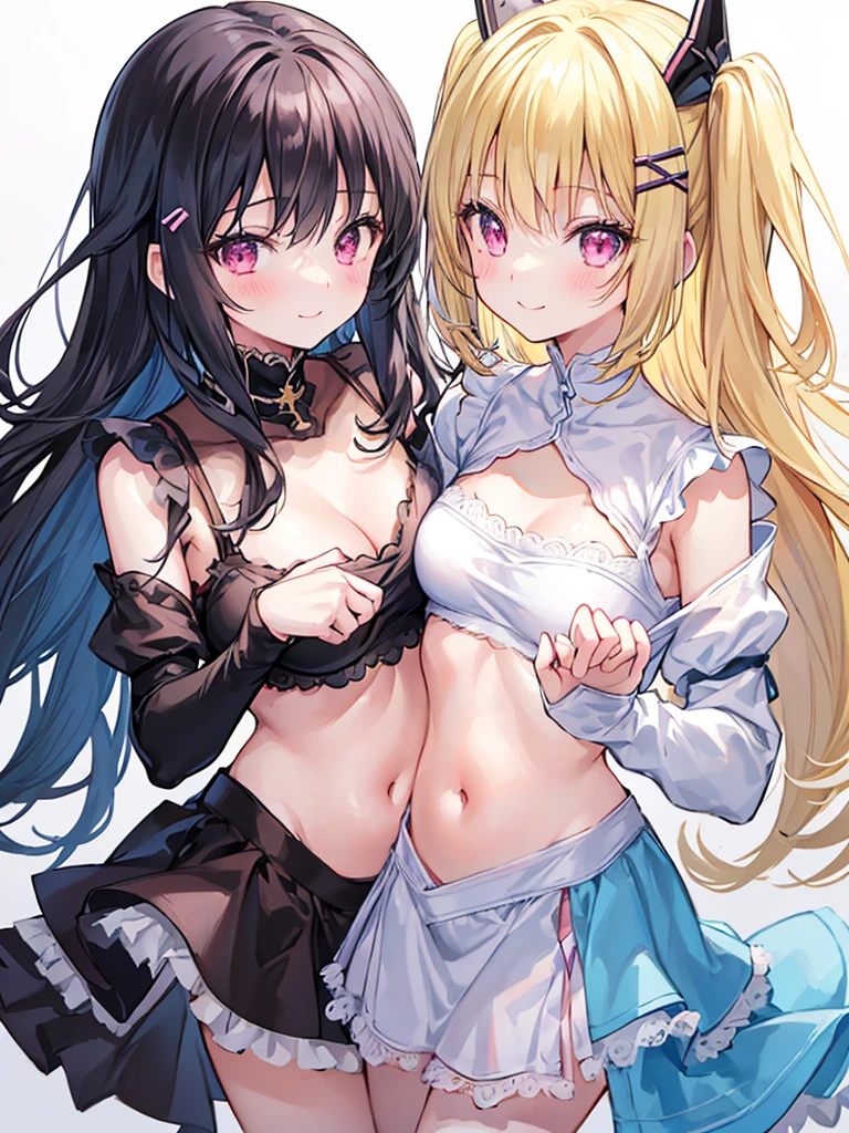 best quality, super fine, 16k, extremely detailed, delicate and dynamic, cute woman, baby face,black hair, pink eyes, A detailed eye, source_anime, high detail, hair ornament, small breasts,light blue bra, light blue panties, Two-side-up,smile、Young features, looking at viewer, (white background:1.3),long-sleeve,fluffy sleeves, fluffy hair、Elementary school girls, Put your hand on your face, hair clips、Black Stockings,standing, underwear,(Mixed wrestling:1.3),teenage girl、belly button、skirt、cute、beautiful illustrations, highest quality, pretty girl,beautiful girl、clear face、 half girl、pastel colour ,blonde、black hair、smile、blush、にこやかなsmile、thighs、(two girls:1.1)、perfect hands、five fingereet、facing each other、(Two girls are attacking us:1.1)