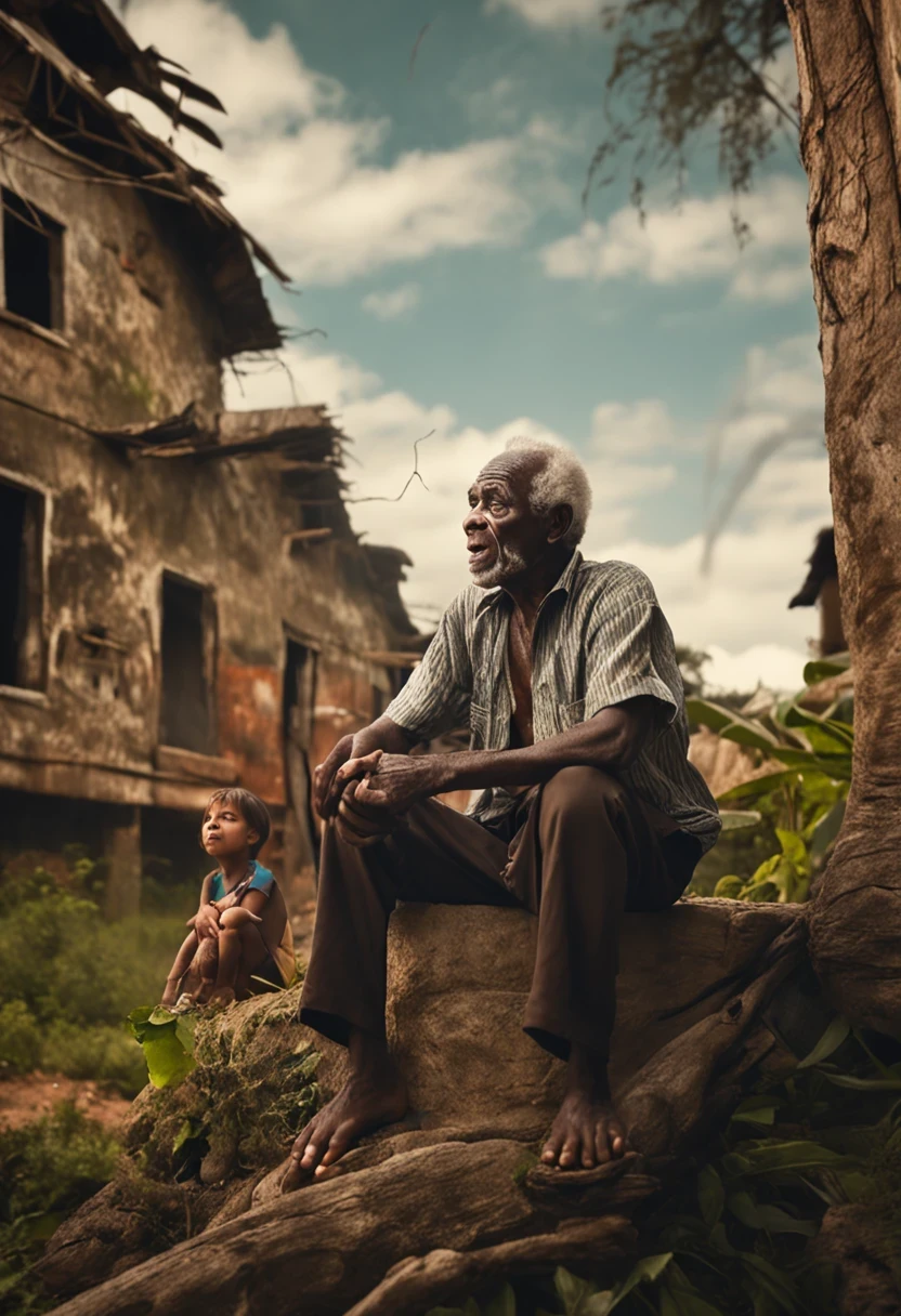 Old black man tells a story in a poor village to his black ren all dressed white。