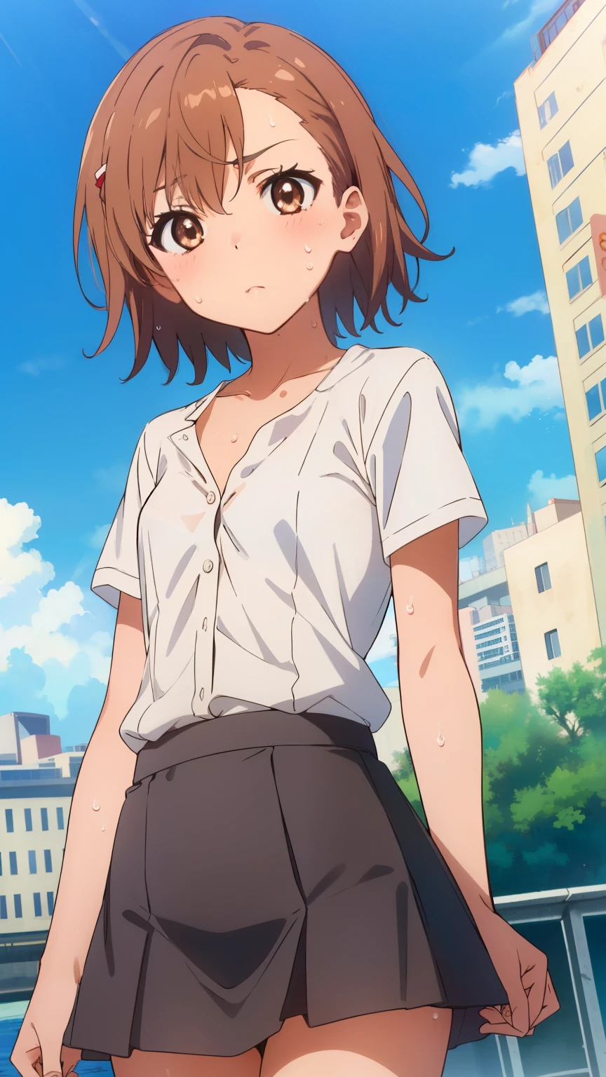 (masterpiece, best quality, 8k:1.2),Very detailed, (anime:1.1), misaka_mikoto, brown hair, short hair, hairpin, small medium breasts, 1girl, (Short sleeve shirt, (unbutton:1.3), Collarbone, mini skirt, sweat, summer, city), dutch angle, looking at viewer,