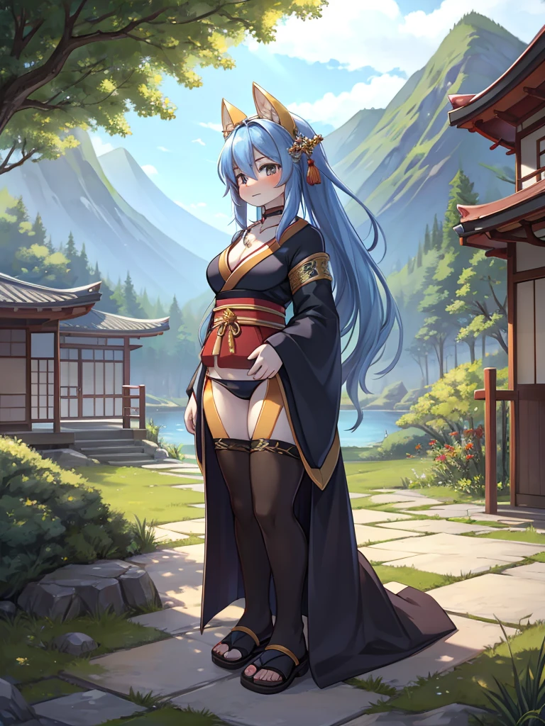 Masterpiece, Best quality, A high resolution, 1girll, Blue hair, Long hair, Very long hair, pony tails, bangs, hair between eye, side locks, ahoge, goat horn, Horns, Purple eyes, bell, cowbell, Neckbells, Collar, Detached collar, White collar, Bare shoulders, Pantyhose, Black pantyhose, bodystocking, Tights under clothes, Pelvic curtain, Detached sleeves, White sleeves, Long sleeves, Golden decoration, Medium breasts, mitts, Black gloves, ribbon, Leg ribbon, ankle ribbon, White footwear, visions (Genshin Impact), Ganyu \(Genshin Impact\), Outdoors, (east asian architecture, Autumn, Autumn leaves), Sitting, looking at the distance, From the side Side,