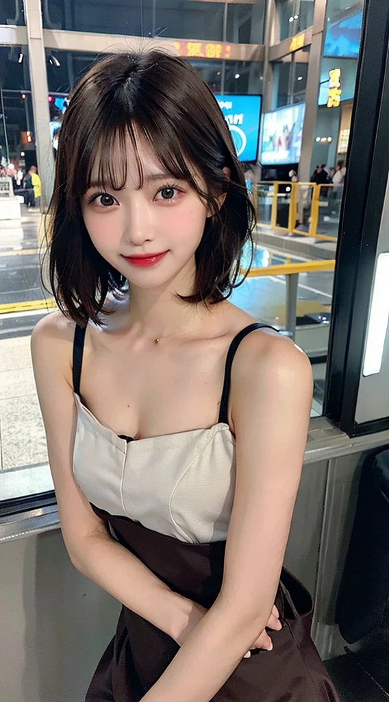 (8K、Raw photography、top-quality)、(realisitic、Photorealsitic:1.37)、1人、see the beholder、beautifull detailed face、A smile with a little visible teeth、Constriction、(Slim waist) :1.3)、Rough clothing、Beautiful detailed skin、Skin Texture、((short-hair))、large breasts with good shape、valley、Professional Lighting、Inside the Ferris wheel、Whole human body、Brown hair