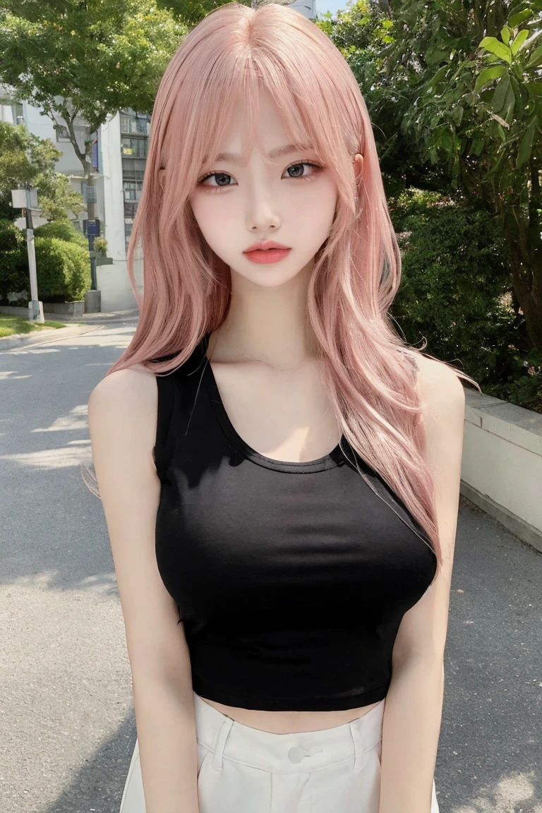 Cleavage:1.5、Full body image:1.2,Pink Hair、masterpiece、Highest quality、Extremely detailed 8K、Ultra HD、Very detailedな、Very detailed、Very realistic、Photo realistic、Japanese、One Girl、High head rate、Beautiful realistic face、Realistic face in every detail、High detail, Realistic Hair、Beautiful and realistic hairstyles、Beautiful and realistic eyes、hVery detailed realistic eyes、Proportional eyes、HVery detailed pupils、Very detailedリアルな自然な眉毛、Very detailedリアルな唇、 Beautiful and realistic lips、Pink lipstick、Sexy lips、Realistic and well-proportioned breasts、Realistic medium sized breasts、Slim Abs、Very detailed皮膚、、(Sleeveless black tank top:1.5)、White skinny pants、Green park walkway:1.2、Condescending smile、Selfie