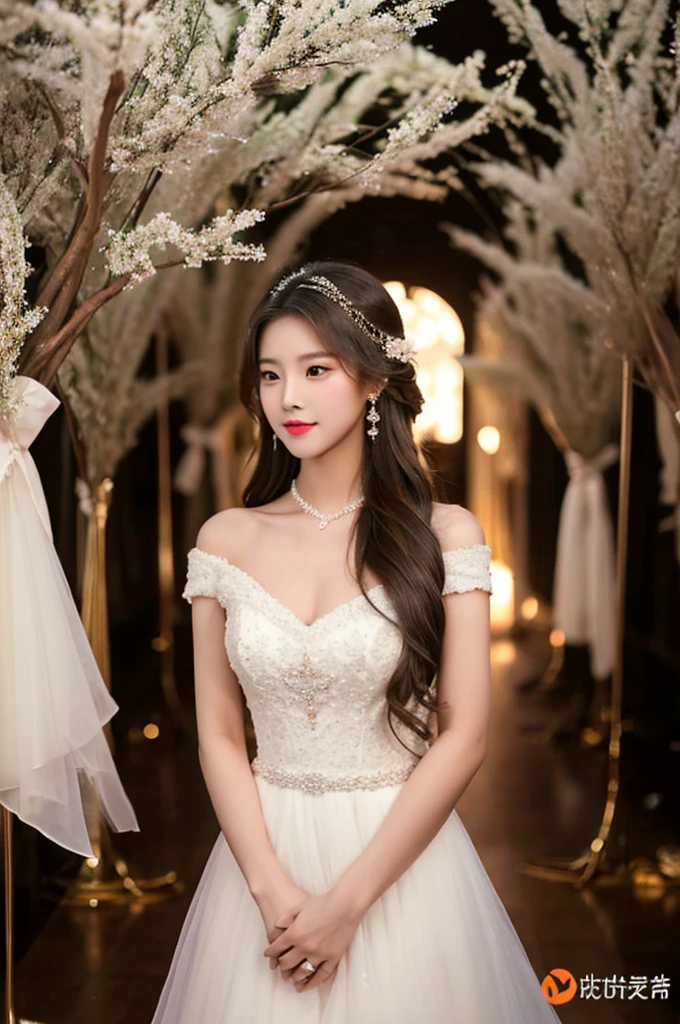 Generate an image of an extraordinarily beautiful 20-year-old Asian woman standing alone, whose beauty rivals that of a goddess of the fire element. She has large brown eyes, dark brown hair, glowing skin, and a captivating appearance. She is wearing a stunning white wedding dress that accentuates her elegance. The woman stands charmingly alone, her beauty appearing as if blessed by nature, in a very romantic and lovely aisle adorned with flowers and soft lighting, exuding a magical and serene atmosphere.