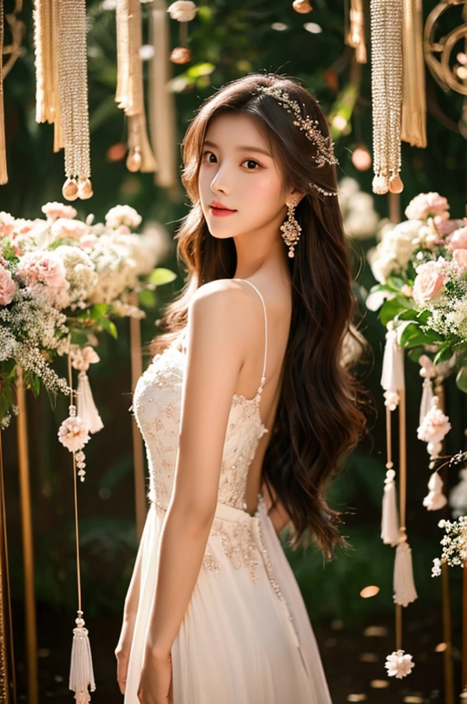 Generate an image of an extraordinarily beautiful 20-year-old Asian woman standing alone, whose beauty rivals that of a goddess of the fire element. She has large brown eyes, dark brown hair, glowing skin, and a captivating appearance. She is wearing a stunning white wedding dress that accentuates her elegance. The woman stands charmingly alone, her beauty appearing as if blessed by nature, in a very romantic and lovely aisle adorned with flowers and soft lighting, exuding a magical and serene atmosphere.