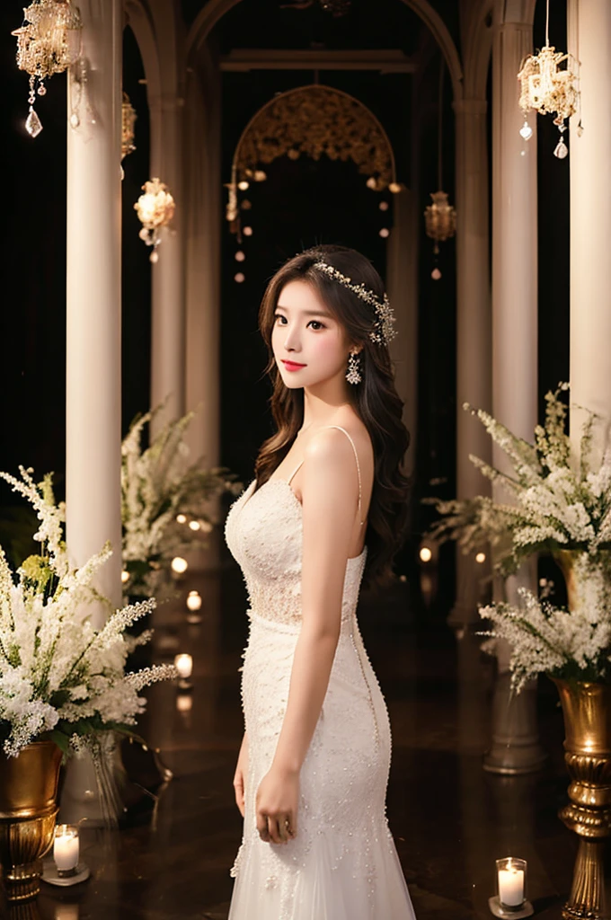 Generate an image of an extraordinarily beautiful 20-year-old Asian woman standing alone, whose beauty rivals that of a goddess of the fire element. She has large brown eyes, dark brown hair, glowing skin, and a captivating appearance. She is wearing a stunning white wedding dress that accentuates her elegance. The woman stands charmingly alone, her beauty appearing as if blessed by nature, in a very romantic and lovely aisle adorned with flowers and soft lighting, exuding a magical and serene atmosphere.