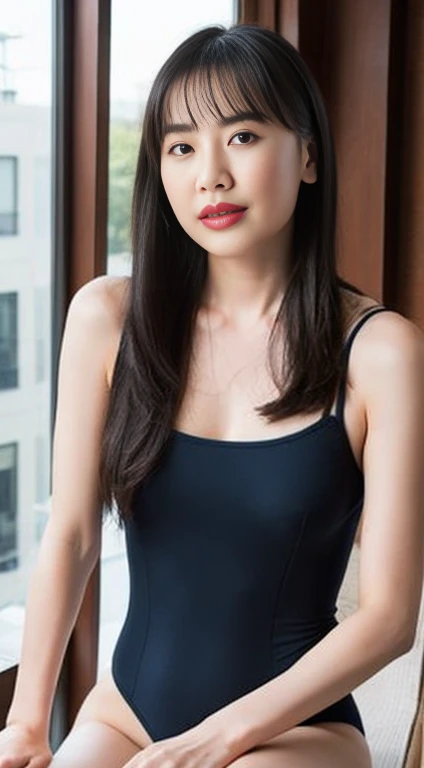 ((highest quality, 8k, masterpiece:1.3, 1 girl, beautiful girl)), High resolution, cute, dynamism, Detailed face, Detailed skin, Fine grain, Detailed lips, Realistic, RAW Photos, Natural light, Perfect Anatomy, Dynamic pose, Round ass, Toned Legs, double eyelid, Tear bags, Round eyes, Moist lips, Mouth details, Detailed tongue, Japanese Girls, Black Hair, bangs, (One piece school swimsuit), Racecourse, indoor, Detailed clothing, Sweaty, Wet clothes, Wet Hair, smile, Long Hair、ponytail