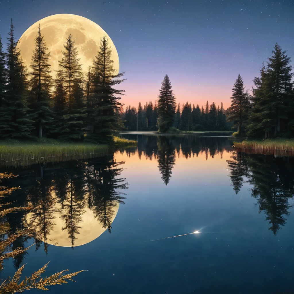 A photorealistic image of a moonlit lake with highly detailed reflections and a precise representation of nature