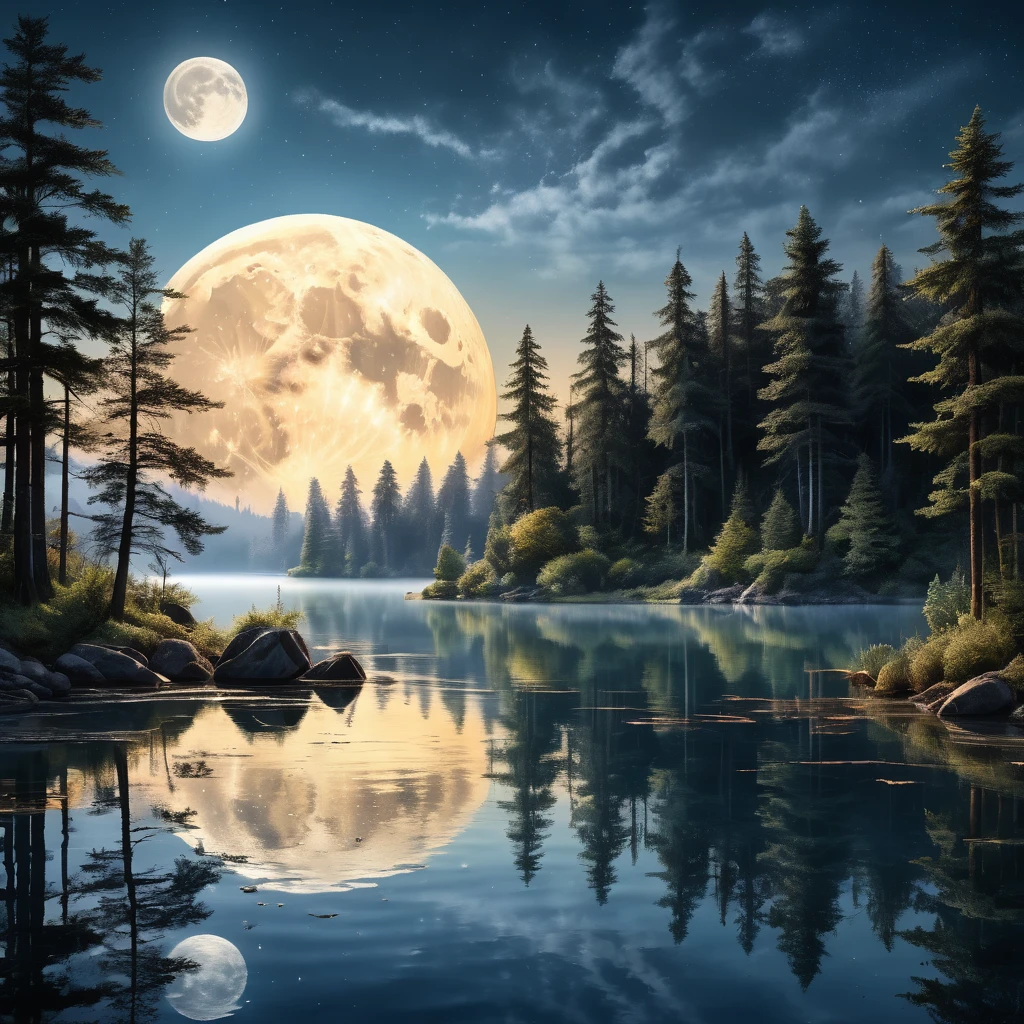 A photorealistic image of a moonlit lake with highly detailed reflections and a precise representation of nature