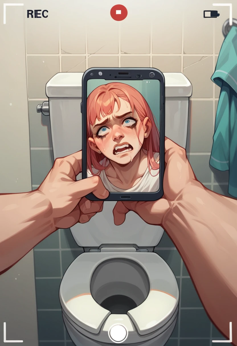 Taking a selfie while sitting in pain on the toilet。Smartphone camera view。BeReal