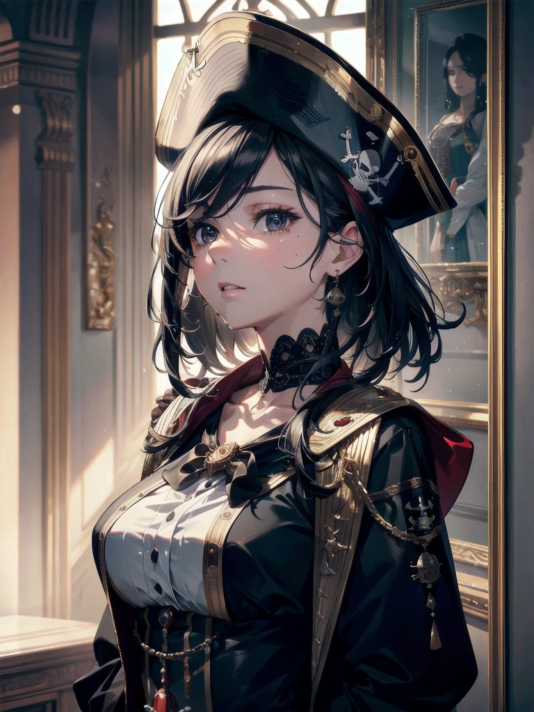 absurdres, RAW photo, extremely delicate and beautiful, masterpiece, Best Quality, ultra high resolution, 32k, hyperrealistic, ultra-detailed, delicate facial features, beautiful detailed woman, tearful mole, earring, medium breasts, full body shot, medium hair, black hair, pirate captain, intricate pirate clothing,
