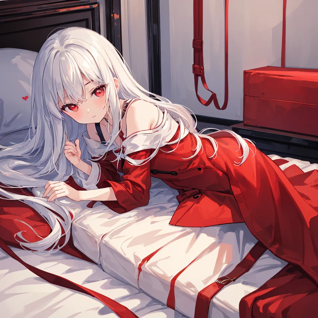 best quality,Practical:1.37),A girl lying on the bed,[Messy long hair],[White hair],[Red Eyes],[Wet clothes]