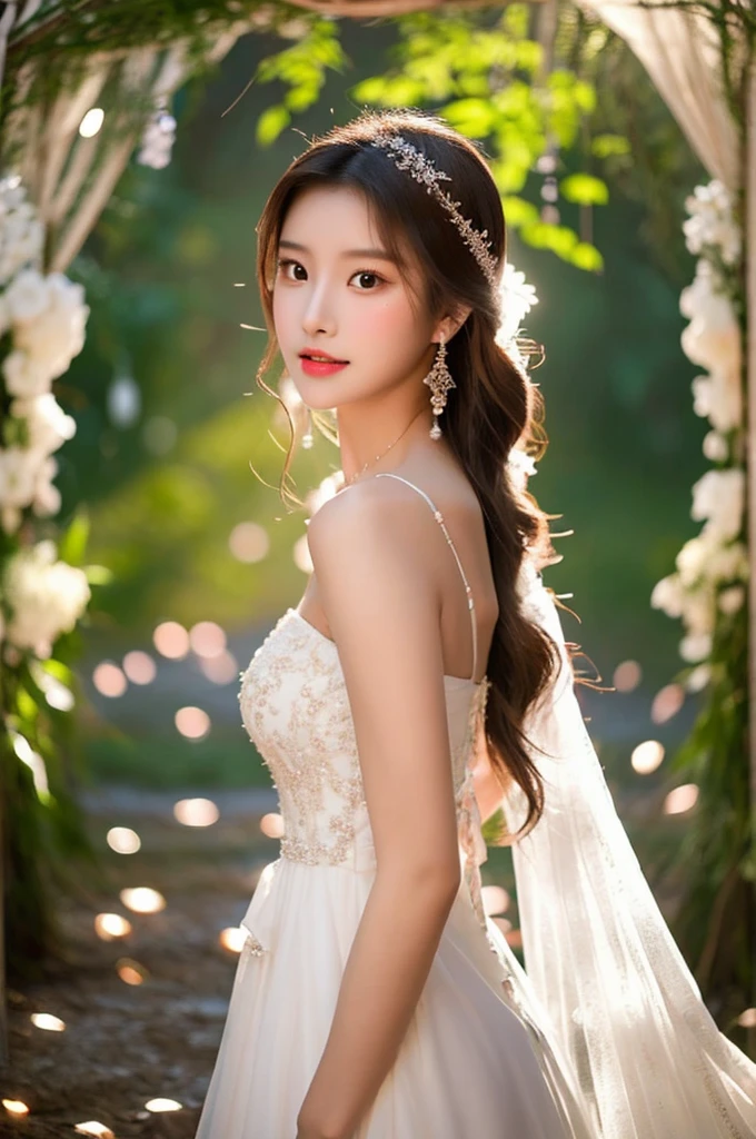 Generate an image of an extraordinarily beautiful 20-year-old Asian woman standing alone, whose beauty rivals that of a goddess of the fire element. She has large brown eyes, dark brown hair, glowing skin, and a captivating appearance. She is wearing a stunning white wedding dress that accentuates her elegance. The woman stands charmingly alone, her beauty appearing as if blessed by nature, in a very romantic and lovely aisle adorned with flowers and soft lighting, exuding a magical and serene atmosphere.
