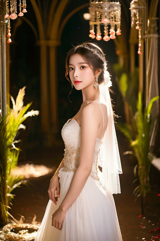 Generate an image of an extraordinarily beautiful 20-year-old Asian woman standing alone, whose beauty rivals that of a goddess of the fire element. She has large brown eyes, dark brown hair, glowing skin, and a captivating appearance. She is wearing a stunning white wedding dress that accentuates her elegance. The woman stands charmingly alone, her beauty appearing as if blessed by nature, in a very romantic and lovely aisle adorned with flowers and soft lighting, exuding a magical and serene atmosphere.