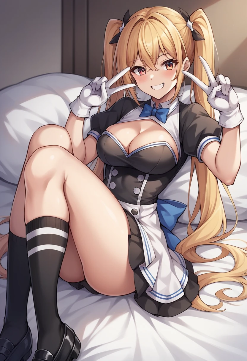 score_9, score_8_superior, score_7_superior, score_6_superior, score_5_superior, score_4_superior, Break Source_anime, we, Twin tails, Very long hair, White gloves, Puff short sleeves, Cleavage cutout, Two-tone dress, Asymmetrical legwear, Mismatched legwear, Knee socks, Black footwear, Selfie, superiorから, peace sign, smile