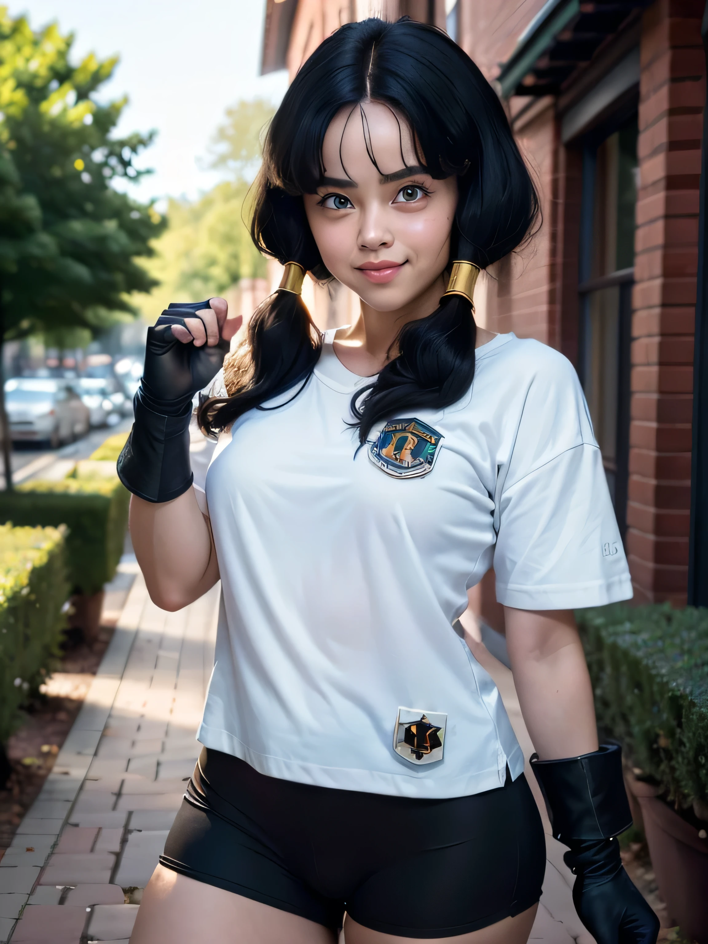 ((Masterpiece:1.4)), (high resolution:1.4), (fight pose:1,5), videl2, solo, blue eyes, black hair, twintails, black gloves, bike_shorts, bangs, white shirt, badge, medium breasts, smile,, garden, beautifull smile, beautiful face, highly detailed skin, skin pores,(highly detailed face:1.1), (highly detailed eyes:1.1), realistic pupils, full face blush, full lips, (perfect anatomy:1.1), (perfect proportions:1.1), (photography:1.1), (photorealistic:1.1), volumetric lighting, dynamic lighting, real shadows, (highres:1.1), sharp focus, rembrandt lighting, (realistic, hyperrealistic:1.4), intricate, high detail, dramatic, subsurface scattering, big depth of field, vivid, polished, sharpened, ((full Sharp)), (extremely absurdres),16k hdr,