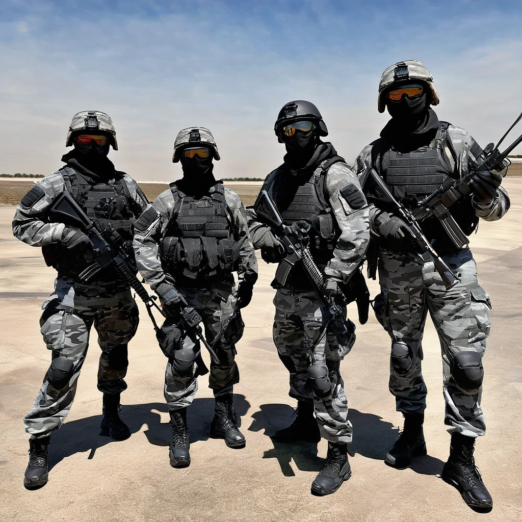 A squad of an elite group of soldiers in black and gray camouflage , recently emerged from battle.  