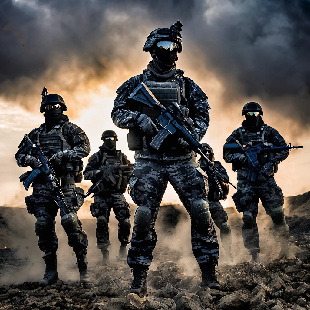 A squad of an elite group of soldiers in black and gray camouflage , recently emerged from battle.  