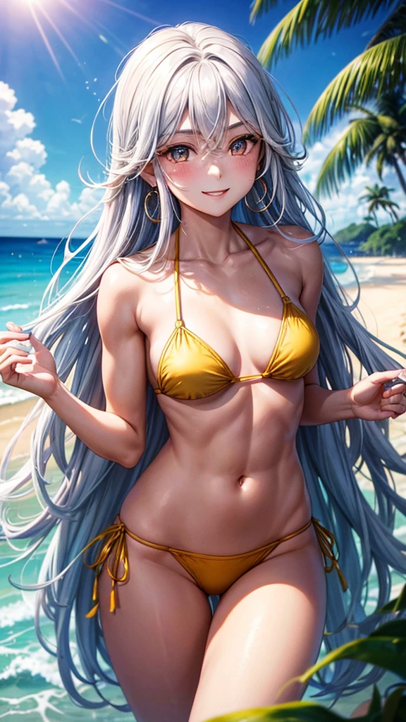 “A beautiful 20-year-old woman with long silver hair, charming smile, and small round gold earrings. She has light red eyeshadow and blush, a muscular and beautiful physique, and is wearing a light blue bikini. She is playing with her boyfriend at the beach near the shore, in a friendly and intimate atmosphere. The sky is blue with white clouds, the waves are gentle, and the sun is shining brightly. The image should be in high resolution.”