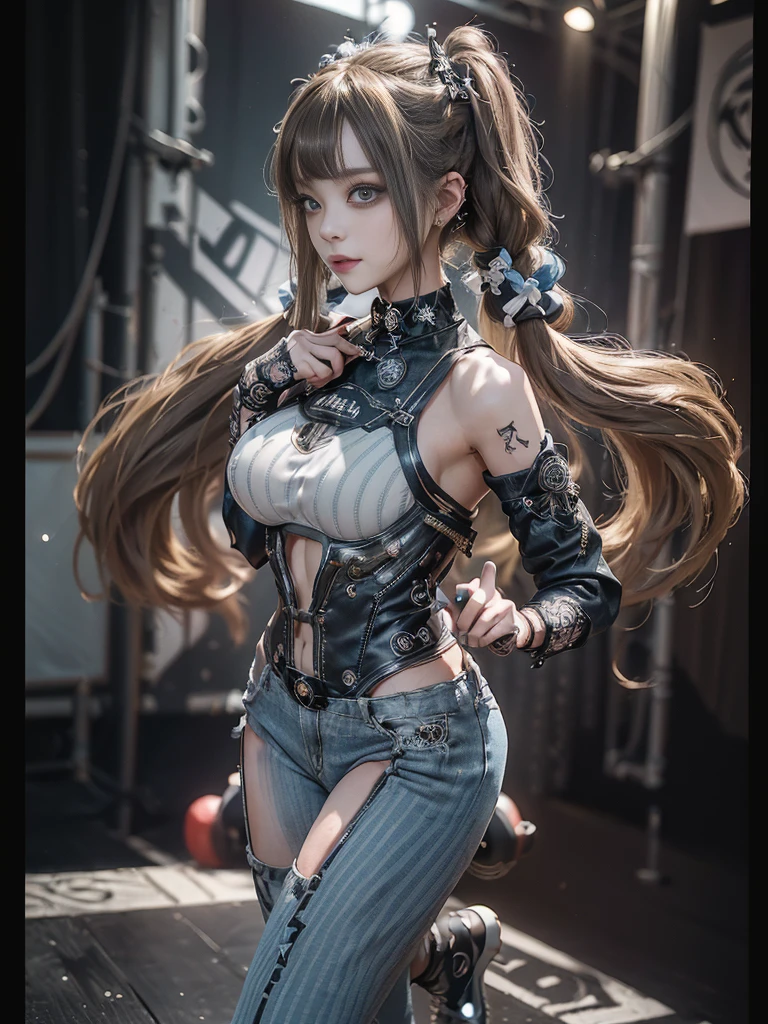 (Full Body View:1.4)、(Side view:1.1)、(Smiling with teeth showing:1.3),(Shibuya Gal:1.5)、(Gothic Lolita style fashion:1.5)、(Punk RockVisual Kei:1.5)、(Wearing a rhythmic gymnastics bodysuit with intricate details:1.4)、(Racing suit and pants with intricate decorations in white, denim and charcoal:1.5)、(Denim and light blue and white boots:1.3)、((belt))、(Numerous delicate logo marks all over the costume:1.4)、(collar:1.3)、(Striped underwear:1.5)、20-year-old、NSFW、((Highest quality、In 8K、masterpiece:1.3))、Sharp focus:1.2、(Layered Cut、Huge boobs:1.1),Beautiful woman with perfect figure:1.4、(Dancing vigorously:1.3)、Slender Abs:1.2、Highly detailed face and skin texture、Detailed eyes、double eyelid,(Twin tails:1.3)、(Brown-golden hair:1.3)、Gravure idol、(The background is the stage of the fashion show:1.3)、(Slim body:1.3),(Make your legs thinner:1.4),(clavicle:1.1)、(Thin and slim thighs:1.3)