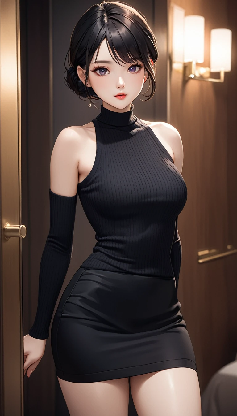Goddess ((goddess-like woman)), slim elegant silhouette, masterpiece, (close angle), best quality, pale skin, fair skin, sweet face, (masterpiece:1,2, best quality), (real picture, intricate details), (1 lady , solo, medium tits, slim waistline, ), ((Persona5TaeTakemi)), a woman with short hair, black hair, brown eyes, she has an impressive presence., short hair, bracelet, hoop earrings, jewelry, beautiful face, beautiful eyes, she looks at the viewer, She is wearing a stunningly beautiful golden evening dress and high heels with straps. sweet irresistible smile, elegant pose, elegant hands, beautiful hands, perfect fingers, background: She is standing in a large, elegant entrance hall. Everything in the room looks very expensive.