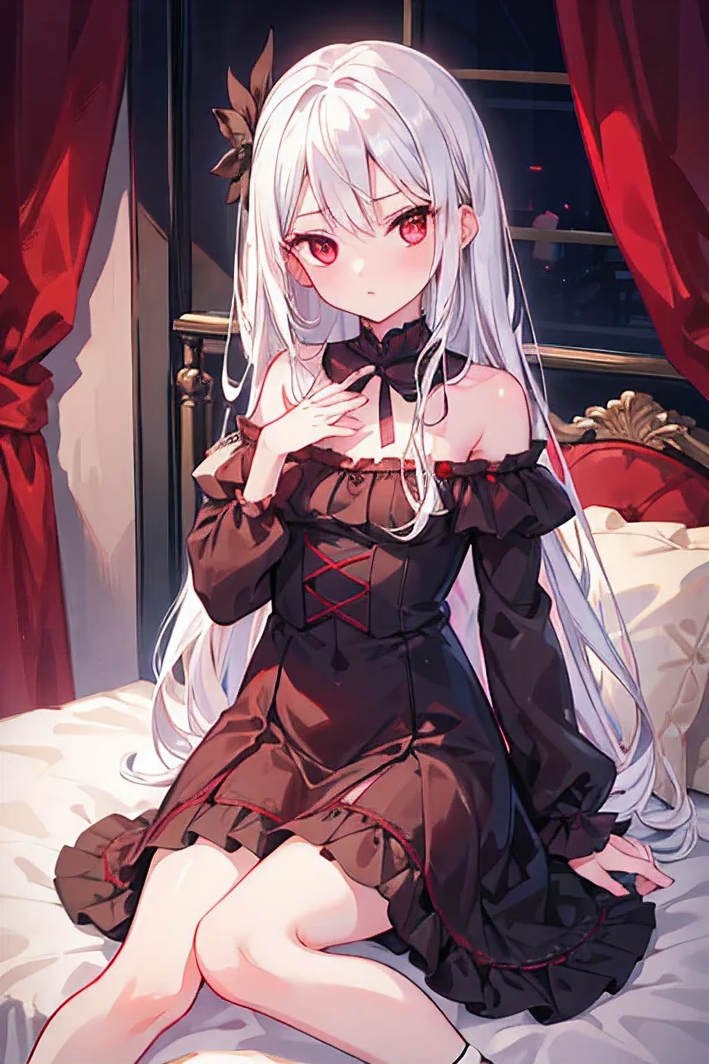 Wavy gray hair、red eyes、bow ribbon、Beautiful girl alone、red blush、Black dress、Raw feet、Sitting in bed、Western-style interior、A smile、panties on