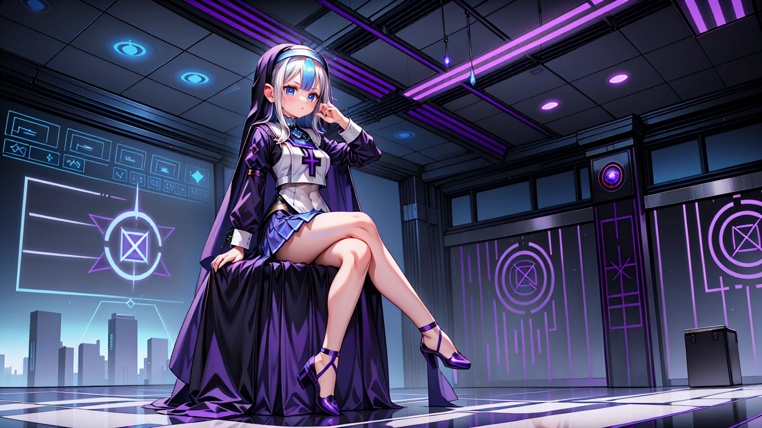 a beautiful woman, white hair with blue highlights, (((Full body))), Egirl makeup, ((White Hair with Blue Highlights)), hair accessories, shorth hair, cute face, face detailed, blue eyes, (((micro skirt))), (((Full Body, perfect hand, perfect face))), (((classroom, sitting))), cyberpunk, sitting, White hair, beautiful outfit, (((Purple, cyberpunk)))), animal ears, perfect face, Glowing Purple, GlowingRunes_purple, (((nun)))