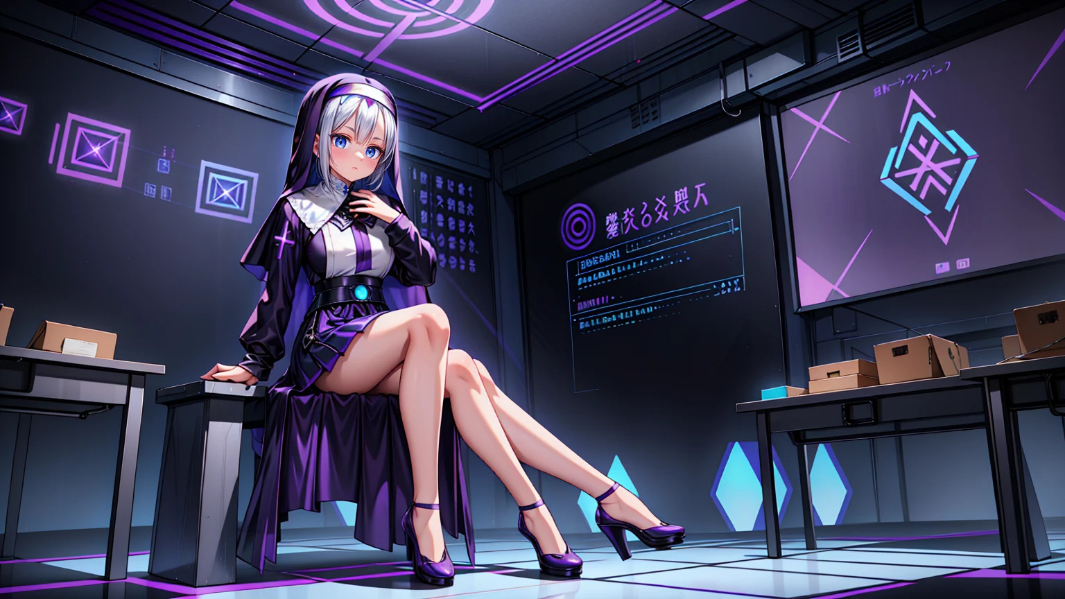 a beautiful woman, white hair with blue highlights, (((Full body))), Egirl makeup, ((White Hair with Blue Highlights)), hair accessories, shorth hair, cute face, face detailed, blue eyes, (((micro skirt))), (((Full Body, perfect hand, perfect face))), (((classroom, sitting))), cyberpunk, sitting, White hair, beautiful outfit, (((Purple, cyberpunk)))), animal ears, perfect face, Glowing Purple, GlowingRunes_purple, (((nun)))