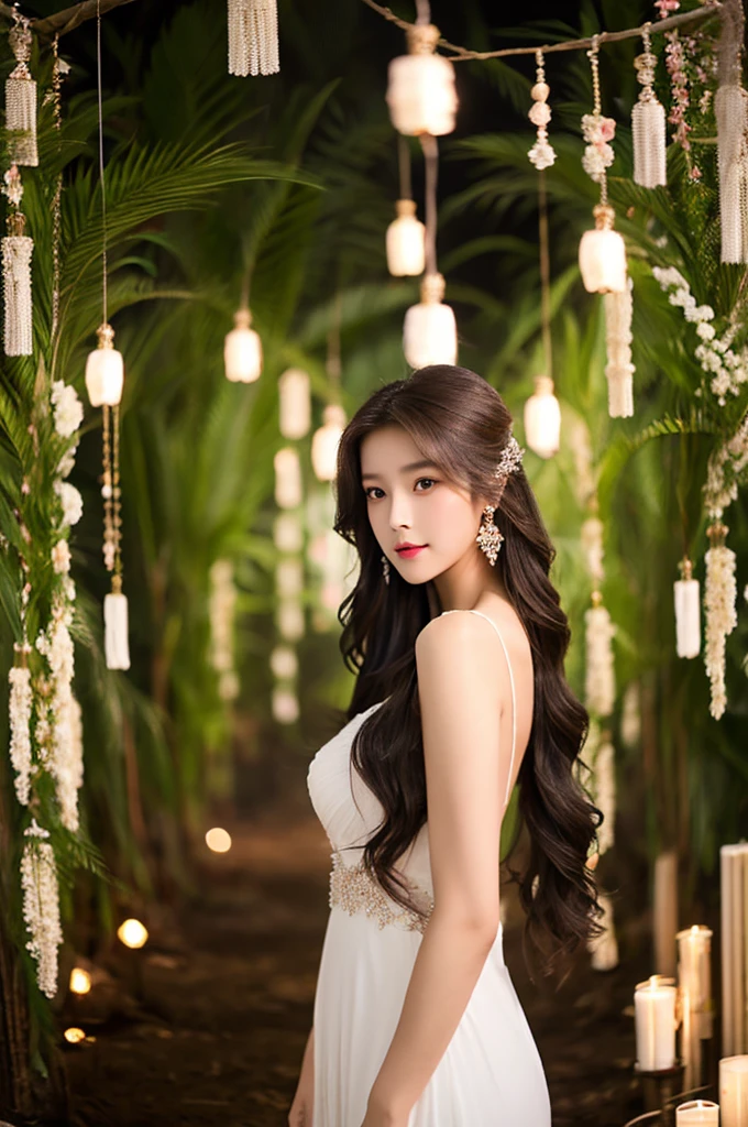 Generate an image of an extraordinarily beautiful 20-year-old Asian woman standing alone, whose beauty rivals that of a goddess of the fire element. She has large brown eyes, dark brown hair, glowing skin, and a captivating appearance. She is wearing a stunning white wedding dress that accentuates her elegance. The woman stands charmingly alone, her beauty appearing as if blessed by nature, in a very romantic and lovely aisle adorned with flowers and soft lighting, exuding a magical and serene atmosphere.