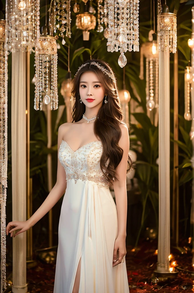 Generate an image of an extraordinarily beautiful 20-year-old Asian woman standing alone, whose beauty rivals that of a goddess of the fire element. She has large brown eyes, dark brown hair, glowing skin, and a captivating appearance. She is wearing a stunning white wedding dress that accentuates her elegance. The woman stands charmingly alone, her beauty appearing as if blessed by nature, in a very romantic and lovely aisle adorned with flowers and soft lighting, exuding a magical and serene atmosphere.