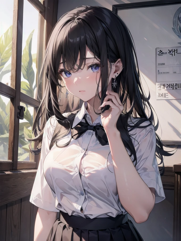 absurdres, RAW photo, extremely delicate and beautiful, masterpiece, Best Quality, ultra high resolution, 32k, hyperrealistic, ultra-detailed, delicate facial features, beautiful detailed woman, tearful mole, earring, medium breasts, full body shot, medium hair, black hair,  Korean school_uniform, summer school_uniform shirt,