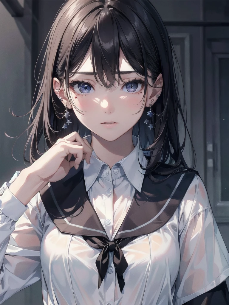 absurdres, RAW photo, extremely delicate and beautiful, masterpiece, Best Quality, ultra high resolution, 32k, hyperrealistic, ultra-detailed, delicate facial features, beautiful detailed woman, tearful mole, earring, medium breasts, full body shot, medium hair, black hair,  Korean school_uniform, summer school_uniform shirt,
