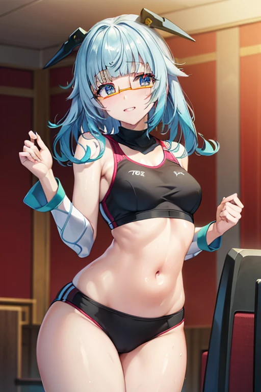 h air between eyes, (Round Glasses), happy smile, smile, Open your mouth,h air ornaments, 星 h air ornaments,(running), (whole body), Small breasts, Lower, (Sweaty), Sweaty Wet Clothes, Belly button support, (Jump), (Jump), 足を曲げてJumpする, smileの, ((Sexy sportswear)), Gym, break looking at viewer, (Cowboy Shot:1.5), break (masterpiece:1.2), Highest quality, High resolution, unity 8k wallpaper, (shape:0.8), (Fine and beautiful eyes:1.6), Highly detailed face, Perfect lighting, Highly detailed CG, (Perfect hands, Perfect Anatomy),