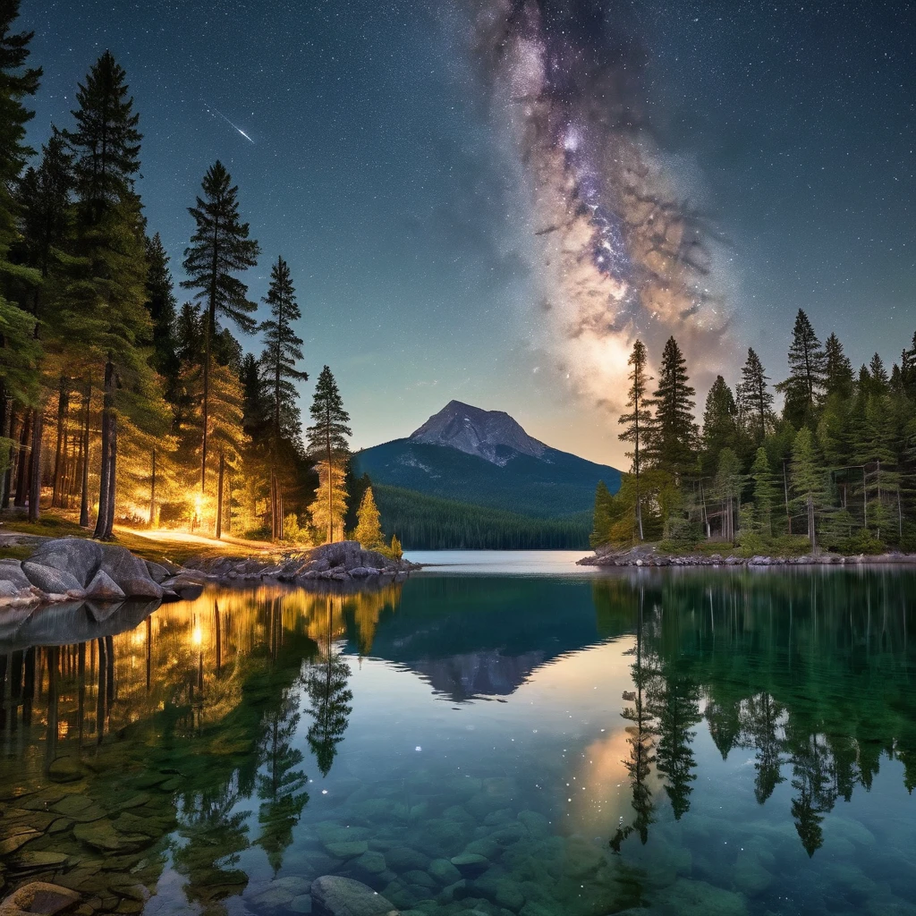 A serene nighttime landscape featuring a calm lake surrounded by tall pine trees. In the center of the image is a small rocky island with a cluster of pine trees, perfectly reflected in the still water below. The sky is clear with a few scattered stars, dominated by a large, full moon that illuminates the scene with a soft, ethereal light. The moon's reflection is also visible in the lake, adding to the tranquil atmosphere. The surrounding forest is dense, with mountains faintly visible in the background, creating a sense of depth. Warm, subtle lighting highlights some of the trees and rocks at the edges, contrasting with the cool tones of the night sky and water. The overall mood is peaceful and magical, capturing the beauty of nature under the moonlight.