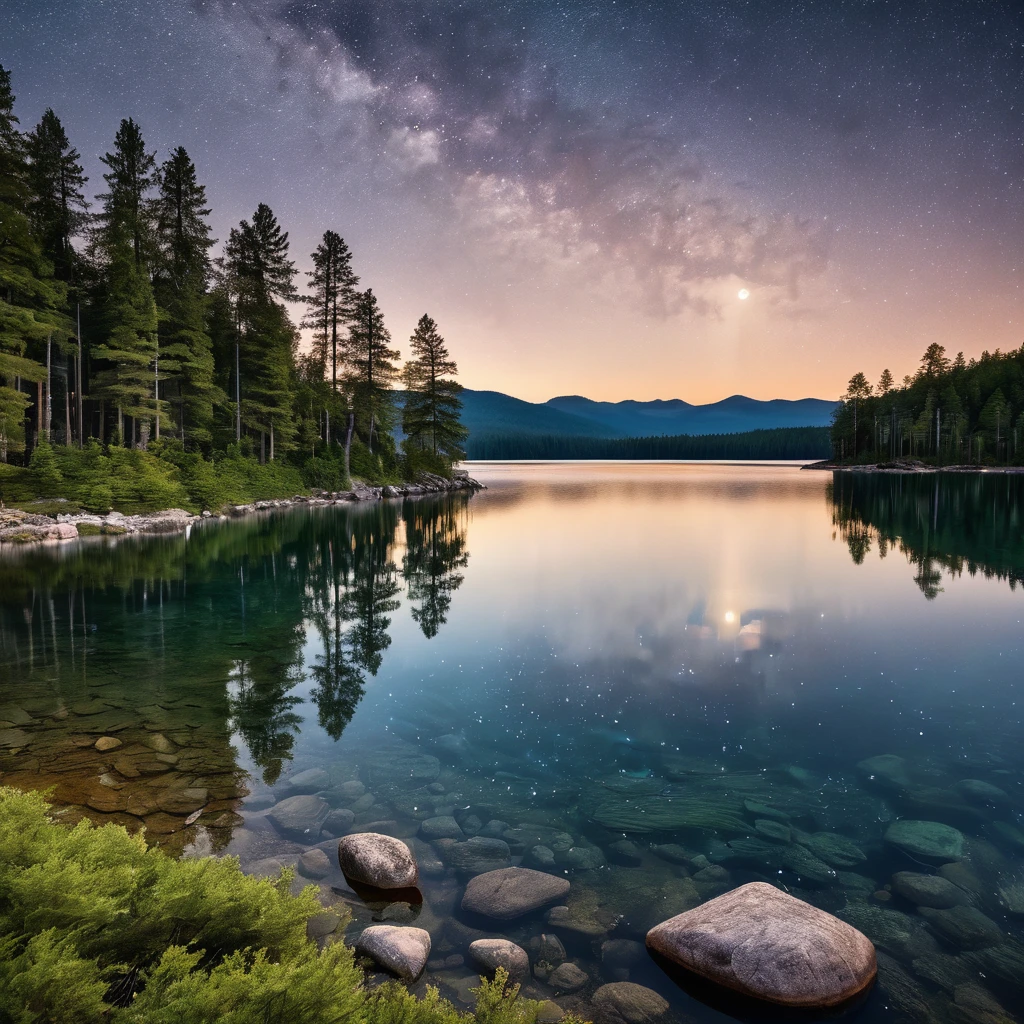 A serene nighttime landscape featuring a calm lake surrounded by tall pine trees. In the center of the image is a small rocky island with a cluster of pine trees, perfectly reflected in the still water below. The sky is clear with a few scattered stars, dominated by a large, full moon that illuminates the scene with a soft, ethereal light. The moon's reflection is also visible in the lake, adding to the tranquil atmosphere. The surrounding forest is dense, with mountains faintly visible in the background, creating a sense of depth. Warm, subtle lighting highlights some of the trees and rocks at the edges, contrasting with the cool tones of the night sky and water. The overall mood is peaceful and magical, capturing the beauty of nature under the moonlight.