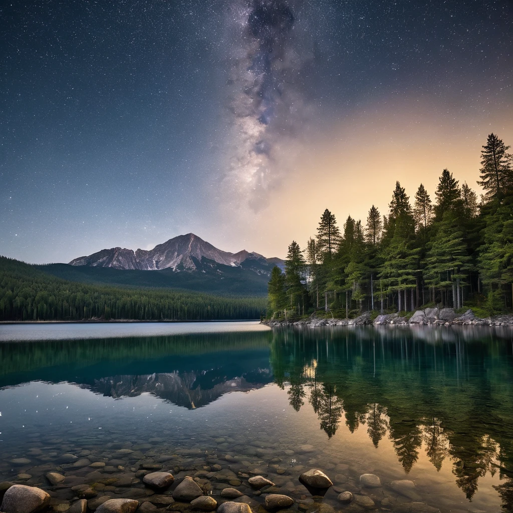A serene nighttime landscape featuring a calm lake surrounded by tall pine trees. In the center of the image is a small rocky island with a cluster of pine trees, perfectly reflected in the still water below. The sky is clear with a few scattered stars, dominated by a large, full moon that illuminates the scene with a soft, ethereal light. The moon's reflection is also visible in the lake, adding to the tranquil atmosphere. The surrounding forest is dense, with mountains faintly visible in the background, creating a sense of depth. Warm, subtle lighting highlights some of the trees and rocks at the edges, contrasting with the cool tones of the night sky and water. The overall mood is peaceful and magical, capturing the beauty of nature under the moonlight.